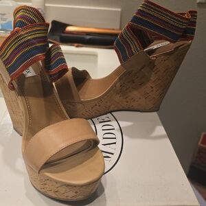 Steve Madden Tan Cork Wedges with Multicolor Straps